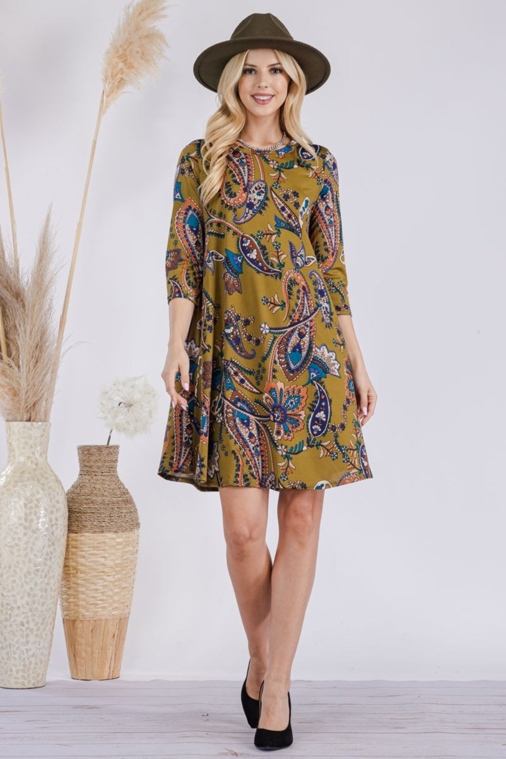 Paisley Print Round Neck Dress with Pockets