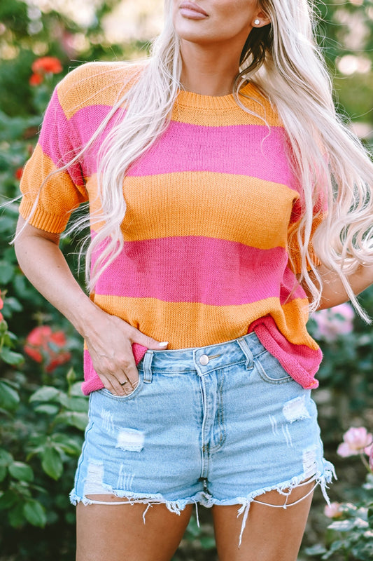 Color Block Round Neck Short Sleeve Knit Top