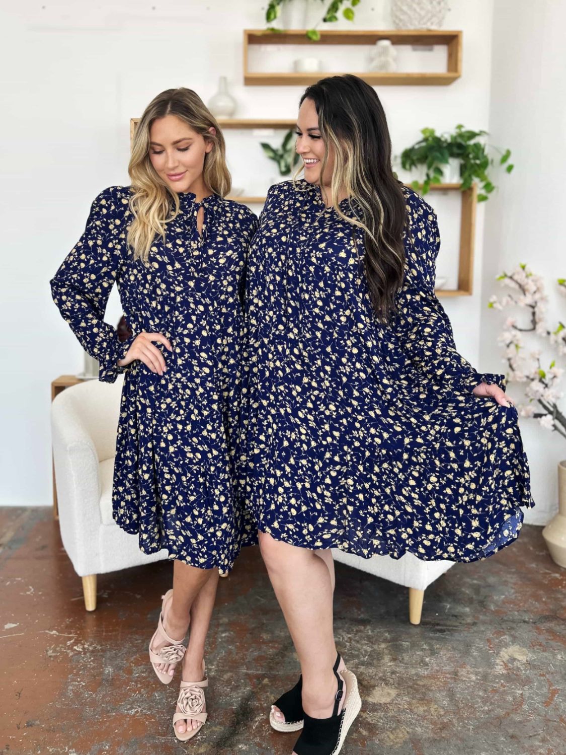 Double Take Full Size Printed Ruffle Hem Long Sleeve Dress