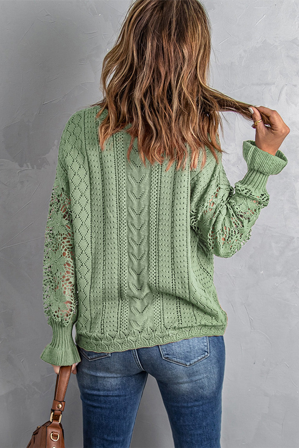 Openwork Lantern Sleeve Dropped Shoulder Sweater