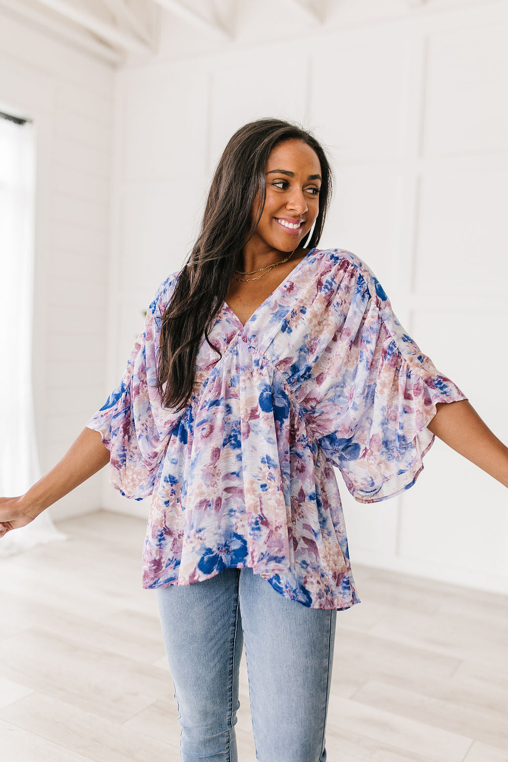 Fabled in Floral Draped Peplum Top in Blue