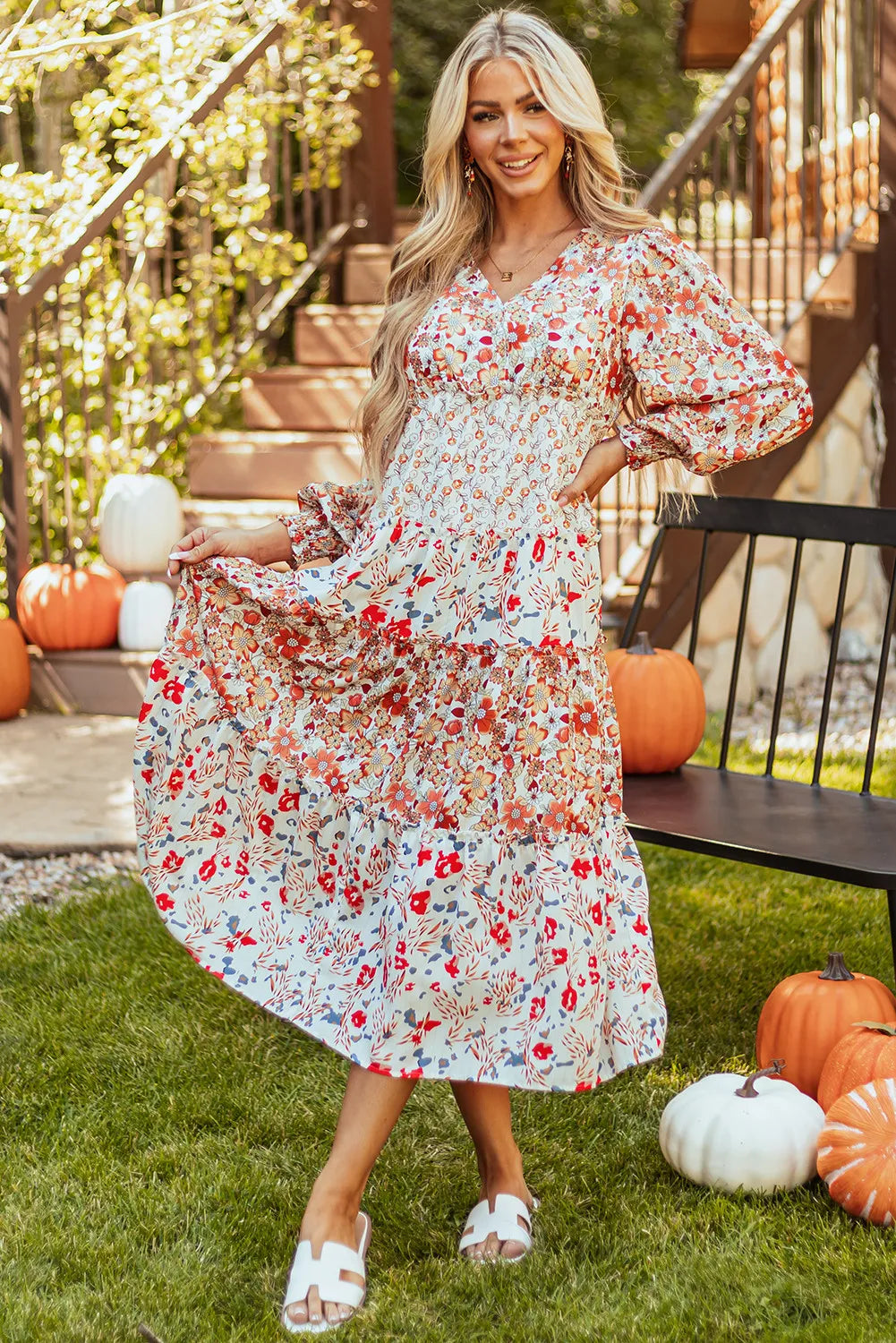 Printed V-Neck Lantern Sleeve Midi Dress