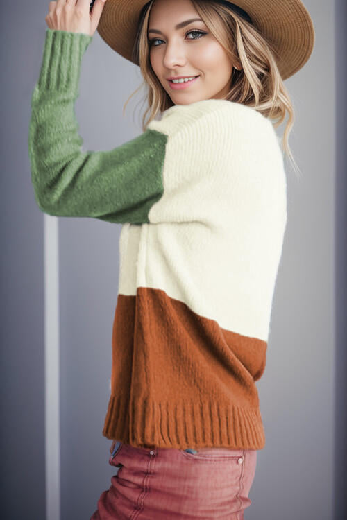 Color Block Round Neck Long Sleeve Sweater