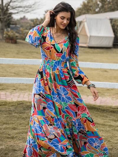 Printed Smocked Tie Neck Balloon Sleeve Maxi Dress