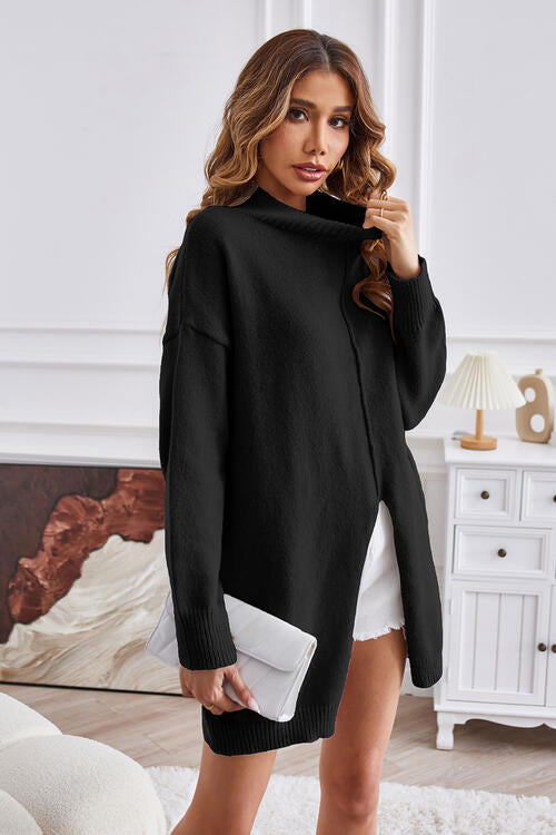 Exposed Seam Mock Neck Slit Sweater