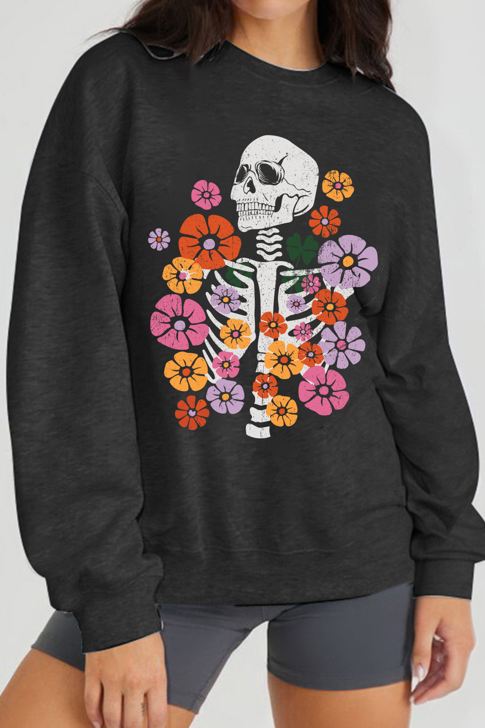 Simply Love Full Size Flower Skeleton Graphic Sweatshirt