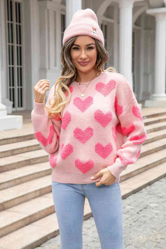 Round Neck Dropped Shoulder Sweater with Heart Pattern