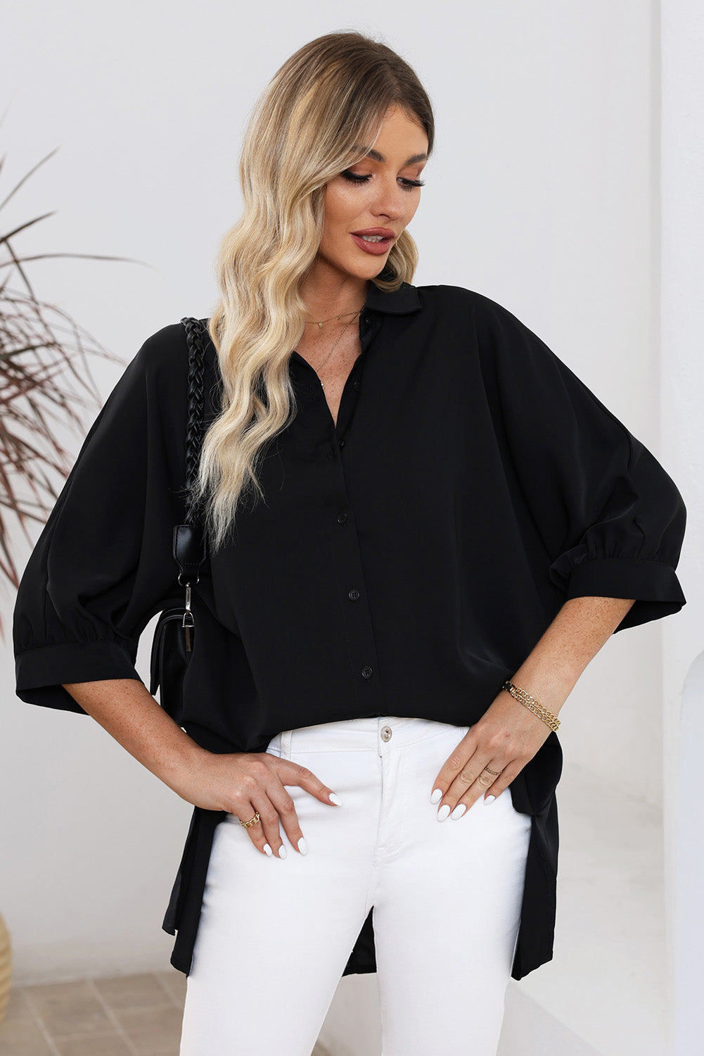 Three-Quarter Sleeve Slit Shirt